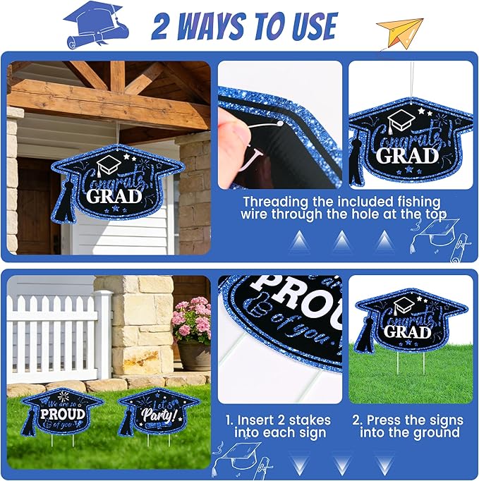13Pcs Graduation Yard Signs Class of 2026 Large Congrats Grad Sign with Stakes & String Hanging Graduation Decorations for Indoor Outdoor Yard Lawn Porch School (Blue)