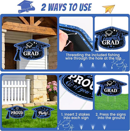 13Pcs Graduation Yard Signs Class of 2026 Large Congrats Grad Sign with Stakes & String Hanging Graduation Decorations for Indoor Outdoor Yard Lawn Porch School (Blue)