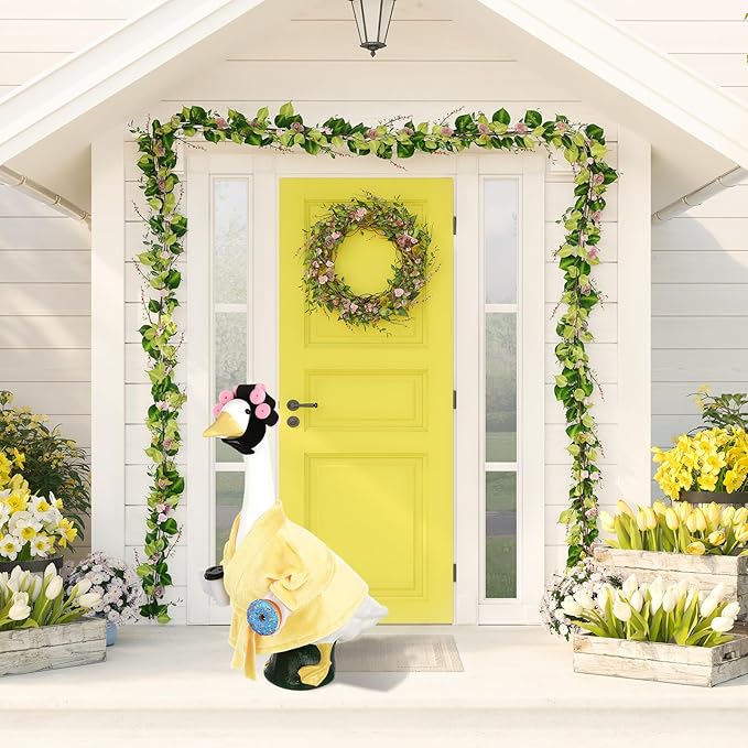 Porch Goose Statue Outfits Set Porch Goose Clothes with Wide Hat Costumes for 23" Plastic Statue Patio Yard Garden Lawn Outdoor Decoration(Yellow,Coffee Cup)