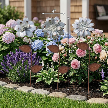 Garden Stakes Decorative, Metal Flowers for Outside, Glow in Dark Yard Lawn Ornaments Plant Pot Flower Bed Decor, Patio, Set of 3, Silver