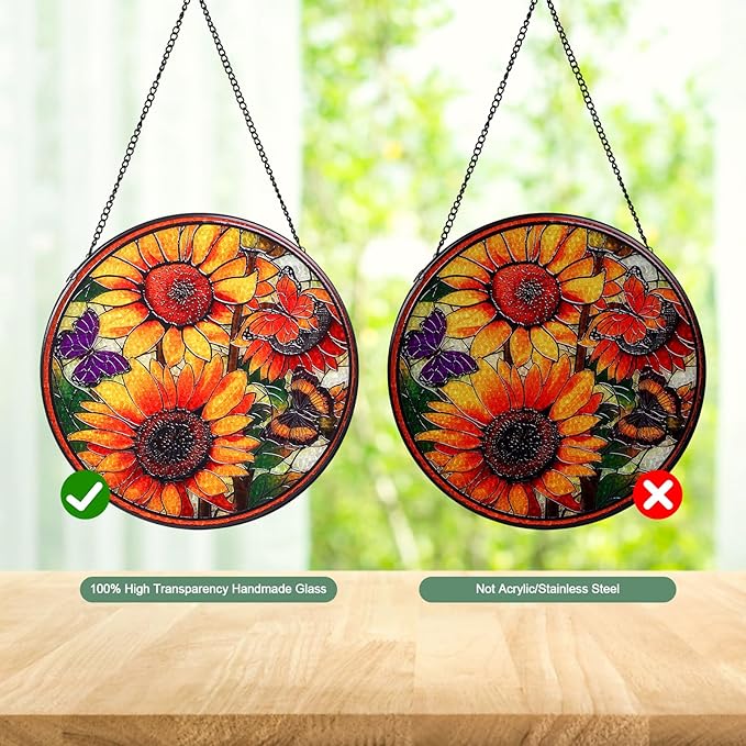 Sunflowers Stained Glass Window Hanging Suncatcher with Chain - 7.9" Outdoor/Indoor Art Decor for Home Garden, Wedding, Thanksgiving, Mother's, Valentine's & Christmas Ornaments Present