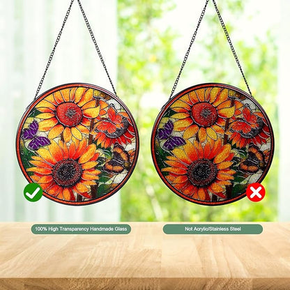 Sunflowers Stained Glass Window Hanging Suncatcher with Chain - 7.9" Outdoor/Indoor Art Decor for Home Garden, Wedding, Thanksgiving, Mother's, Valentine's & Christmas Ornaments Present