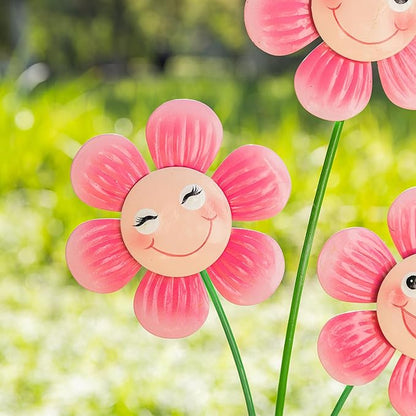 Glitzhome Happy Face Flower Yard Stake, 36”H Metal Flower Stakes with Triple Smiling Design, Iron Garden Yard Spring Decor or Wall Decor