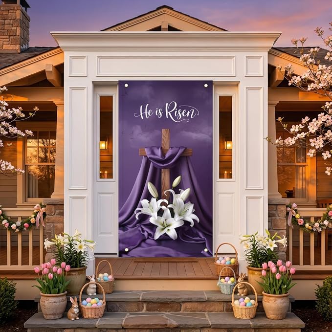 He Is Risen Easter Door Cover Decorations 35x71 Inch - Premium Religious Cross Church Banners with White Lilies, Purple Resurrection Sunday Decorative Porch Sign for Holy Week Home Outdoor Lent Decor