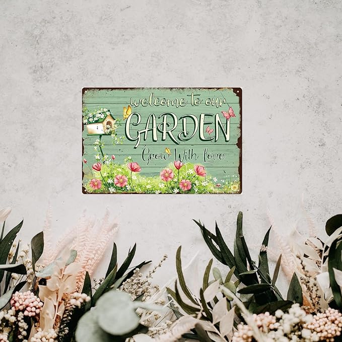 Flowers Metal Poster, Country Rustic Butterfly Tin Sign, Garden Grow with Love, Yard Garage Farm Outside Wall Decor Plaque Outdoor for Home Fence 8 X 12 Inch