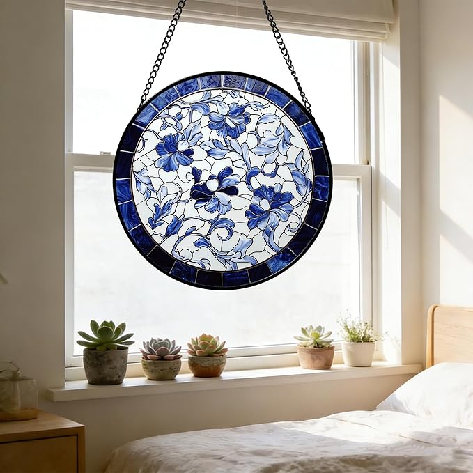 Stained Glass Window Hanging, Blue and White Abstract Flowers Sun Catcher for Door Home Decor Suncatcher Christmas Mother's Day Birthday Gifts for Women Men Mom and Nana 11.8 in