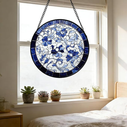 Stained Glass Window Hanging, Blue and White Abstract Flowers Sun Catcher for Door Home Decor Suncatcher Christmas Mother's Day Birthday Gifts for Women Men Mom and Nana 6.3 in