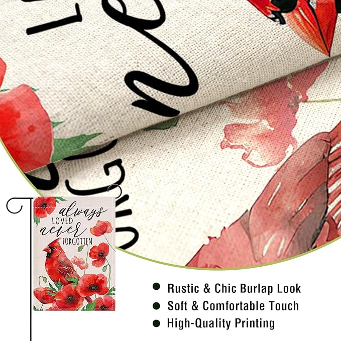 Artofy Spring Summer Cardinal Bird Memorial Small Decorative Garden Flag, Always Loved Never Forgotten Poppy Flower Yard Lawn Outside Decor, Cemetery Burlap Outdoor Home Decoration Double Sided 12x18