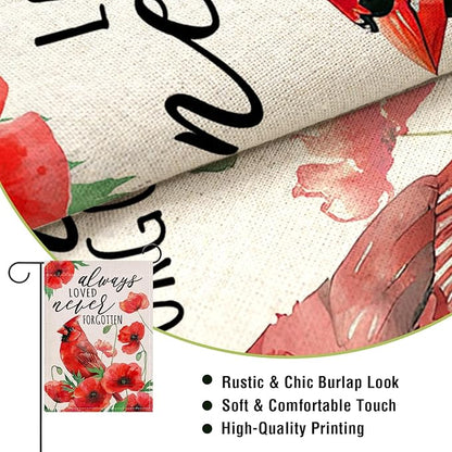 Artofy Spring Summer Cardinal Bird Memorial Small Decorative Garden Flag, Always Loved Never Forgotten Poppy Flower Yard Lawn Outside Decor, Cemetery Burlap Outdoor Home Decoration Double Sided 12x18