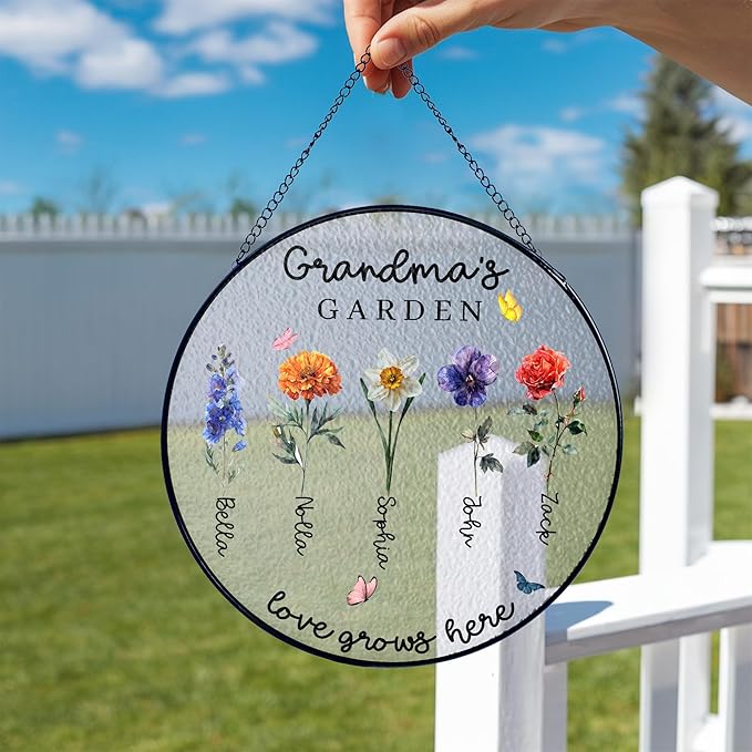 NAZENTI Personalized Birth Flowers Stained Glass Suncatcher for Gigi, Stained Glass Window Hanging Suncatcher with Kids Name, for Grandma, Personalized Mimi Flower Garden