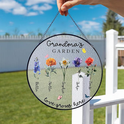 NAZENTI Personalized Birth Flowers Stained Glass Suncatcher for Gigi, Stained Glass Window Hanging Suncatcher with Kids Name, for Grandma, Personalized Mimi Flower Garden