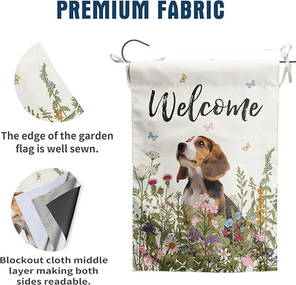 Spring Summer Garden Flag Floral Beagle Yard Flag Flower Dog Garden Flags for Outside Small Outdoor Welcome Flags 12x18 Double Sided