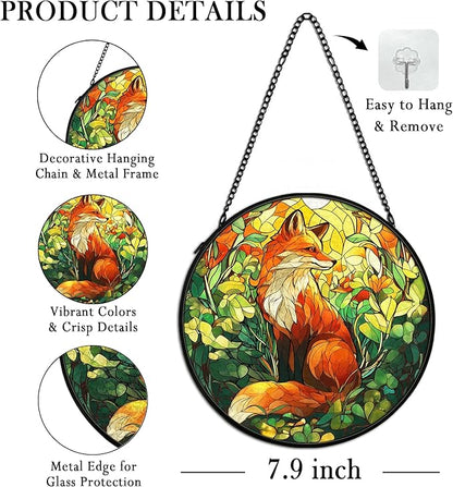 Fox Woodsy Suncatcher Stained Glass Window Hanging Decor Ornaments, Fox Gifts, Rustic Nature Stained Glass Wall Room Decor, Animal Garden Sun Catchers Indoor Window Hanging Wall Art, 7.9x7.9In