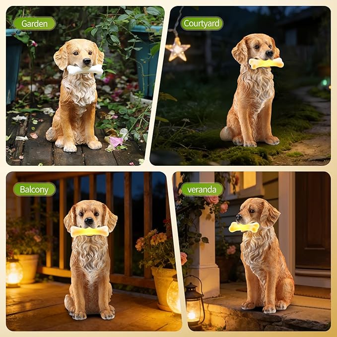 13.6" Solar Golden Retriever Garden Statue with Bone Light, Resin Sitting Dog Outdoor Decor, Waterproof Solar Powered Animal Statue for Yard, Lawn, Garden