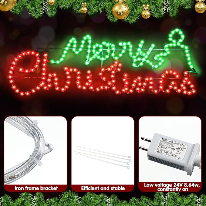 ROCEEI Large LED Merry Christmas Neon Motif Bright Red and Green Outdoor LEDs Christmas Decoration for Outdoor Home Party Wall Hanging Holiday (Colorful, Letter)