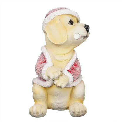 Alpine Corporation 11" Tall Indoor/Outdoor Christmas Golden Labrador Puppy Statue with Santa Hat and Candy Cane, Holiday Decoration for Porch, Tabletop, or Entryway