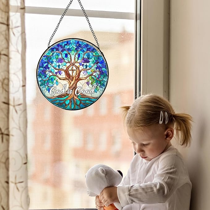 Christian Blue Tree of Life Stained Glass Window Hanging, Tree of Life Stained Glass, God is Good Sun Catchers Indoor Window Decor Birthday for Home Windows Garden Church, 7.9x7.9inch