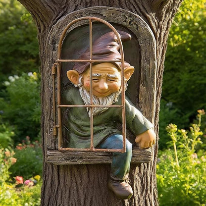 Teaeeno 12-inch Elf Out The Door Tree Hugger, Garden Gnome Statue Decor Outdoor, Large Outdoor Tree Hugger for Yard Art, Trees Decorations Outdoor Wallmounted Statue