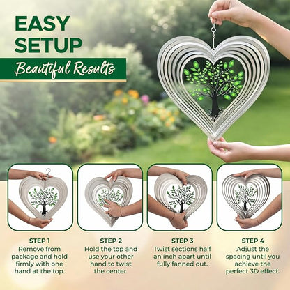 ISEO Silver Heart Wind Spinner for Yard and Garden, Hanging Outdoor Decor, Porch and Patio Decorations, Weather Resistant, 12”