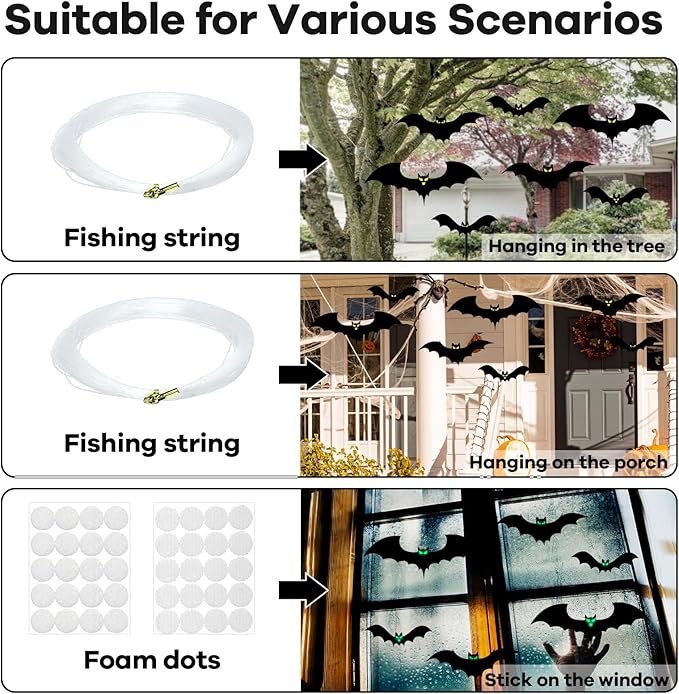 18 PCS Hanging Bats Halloween Decoration Outdoor Black Plastic Bats with Glowing Eyes Different Size Flying Bats Halloween Decor Hanging in The Tree, Porch, Yard, Lawn, Indoor