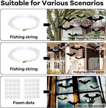 18 PCS Hanging Bats Halloween Decoration Outdoor Black Plastic Bats with Glowing Eyes Different Size Flying Bats Halloween Decor Hanging in The Tree, Porch, Yard, Lawn, Indoor