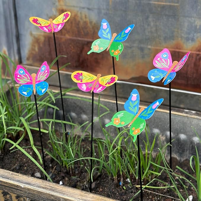 6 Pcs Butterfly Outdoor Metal Flowers for Outside - Decorative Garden Stakes with Sunflower Design, Spring Yard Art Decor for Lawn Porch Patio Fence | Metal Garden Decor Stakes