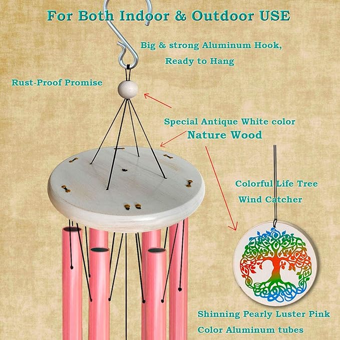 FONMY Wind Chimes Outdoor with Colorful Tree of Life Symbol Memorial Windchimes for Loved One Great Wind Chime Gifts 33 inches Pink Color Garden Home Yard Hanging Decor