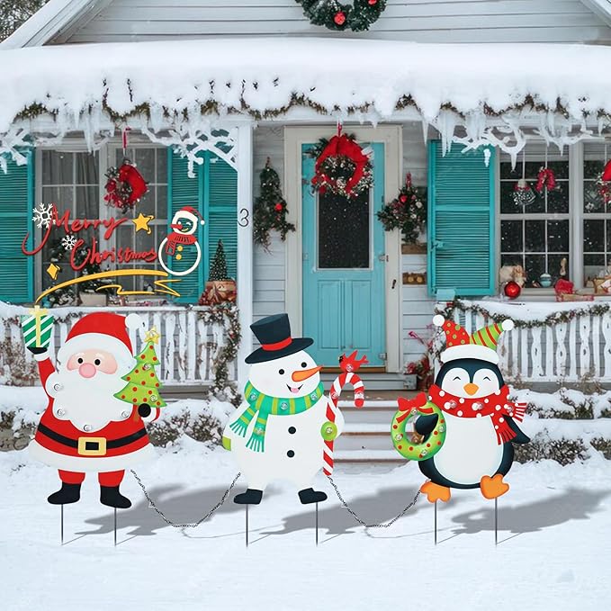WONDER GARDEN Christmas Yard Stakes, 3 PCS LED Light Xmas Yard Signs with Santa Claus, Snowman, Penguin Christmas Yard Decorations for Lawn Party Decorations