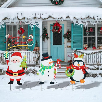WONDER GARDEN Christmas Yard Stakes, 3 PCS LED Light Xmas Yard Signs with Santa Claus, Snowman, Penguin Christmas Yard Decorations for Lawn Party Decorations