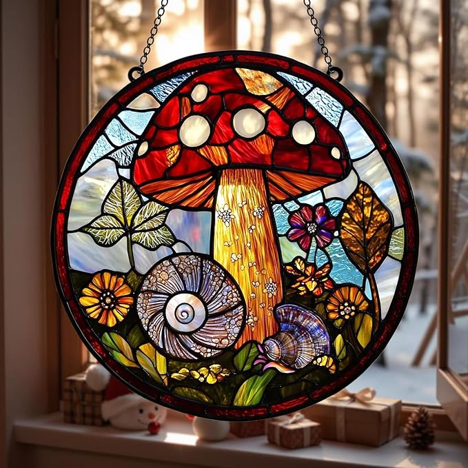 Mushroom Window Hanging Suncatcher Faux Stained Hummingbirds and Flowers for Women Elegant Home Wall Decor Suncatchers Indoor Window Suncatchers Windows Garden