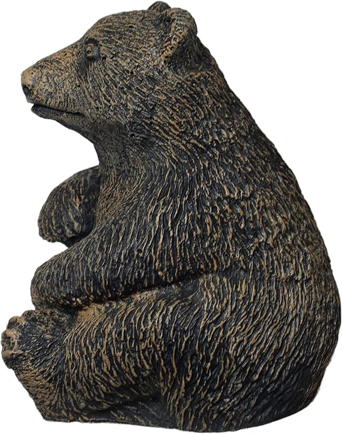 Sitting Bear Cub Stone Garden Statue 12in Tall Autumn Brown Color