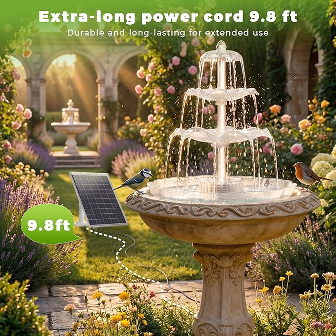 AISITIN 6.5W Solar Bird Bath Fountains with Lights, 3 Tiered Bird Bath with Solar Water Pump, Upgraded Detachable DIY Solar Powered Fountain for Garden, Patio, Yard and Pond