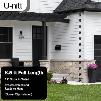 U-nitt Rain Chain Water Collection for Gutters Rainwater Catcher & Diverter, 8.5 FT Chains for Outside Garden, Sunflower Cups, Roof Downspout, Works with Heavy Rain, w/Gutter Clip for Rainchains