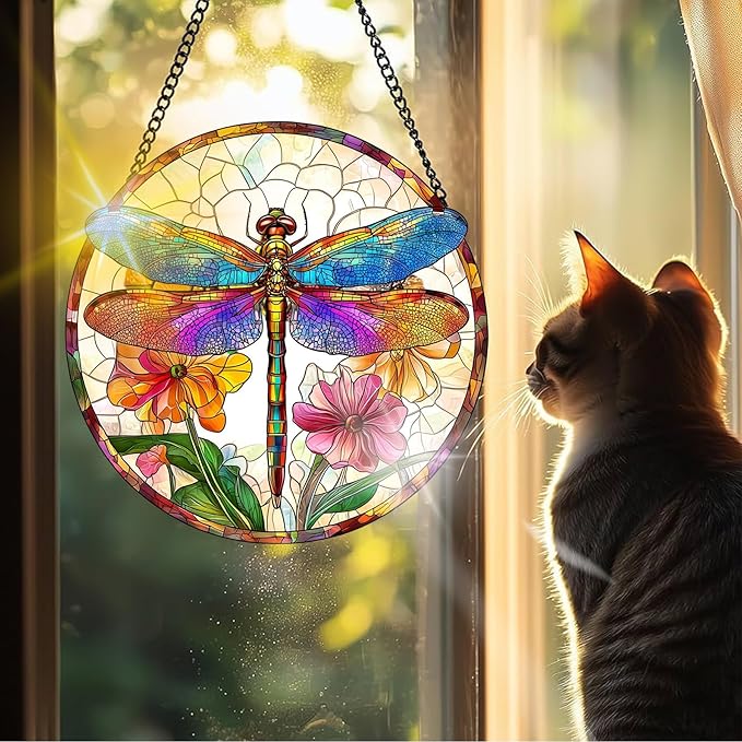 VAIIEYO Dragonfly Sun Catcher Stained Glass Window Hanging Ornament, Handmade Sun Catcher Animal Decoration with Hooks for Window Garden Home, Mother's Day & Birthday Housewarming Gift (7.8 inch)