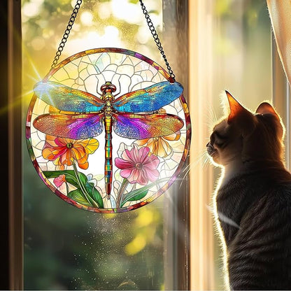 VAIIEYO Dragonfly Sun Catcher Stained Glass Window Hanging Ornament, Handmade Sun Catcher Animal Decoration with Hooks for Window Garden Home, Mother's Day & Birthday Housewarming Gift (7.8 inch)