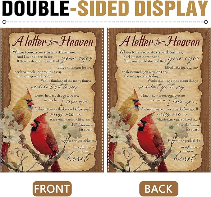 Dyrenson Memorial Cardinal A Letter From Heaven Decorative Garden Flag, Vintage Red Birds Dogwood Flower Cemetery Yard Outside Home Decoration, Retro Burlap Outdoor Small Decor Double Sided 12 x 18