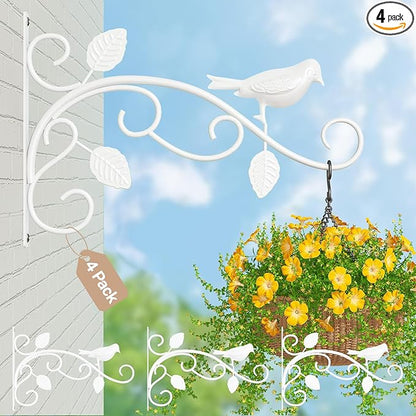 iDavosic.ly Plant Hangers Outdoor 4-Pack, 12 Inch Heavy Duty Iron Wall Brackets for Hanging Plants, Baskets, Bird Feeders, Lanterns, Wind Chimes, Indoor Metal Hooks for Garden Porch Patio, White