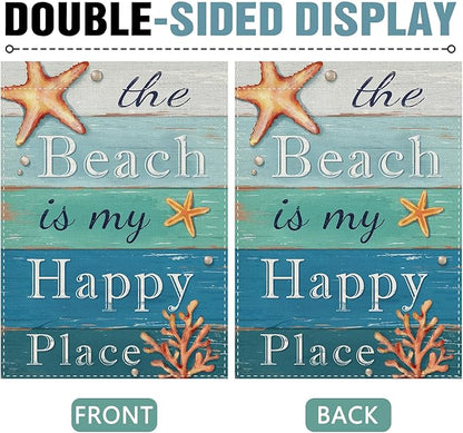 Dyrenson Summer The Beach is My Happy Place 28 x 40 House Flag Double Sided, Blue Coastal Starfish Farmhouse Garden Yard Decorations, Coral Pearl Nautical Rustic Outdoor Decor Decorative Large Flag