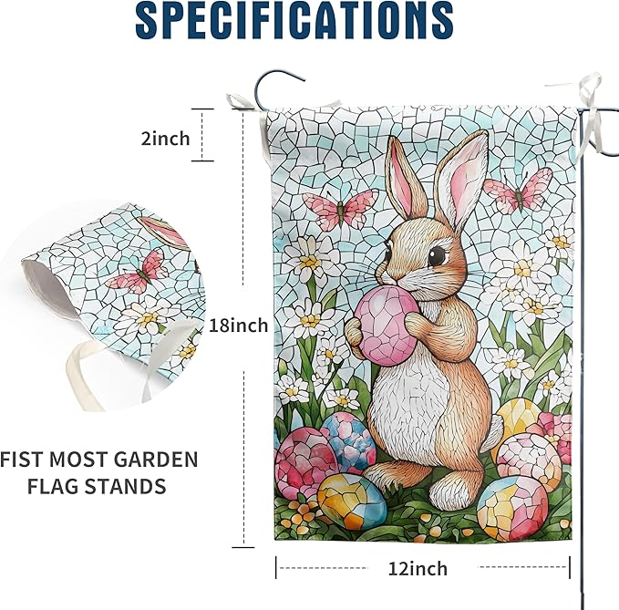Easter Bunny Garden Flag Stained Glass Rabbit Flag Easter Egg Yard Flag for Outside 12x18 Double Sided Lily Spring Outdoor Flag Small