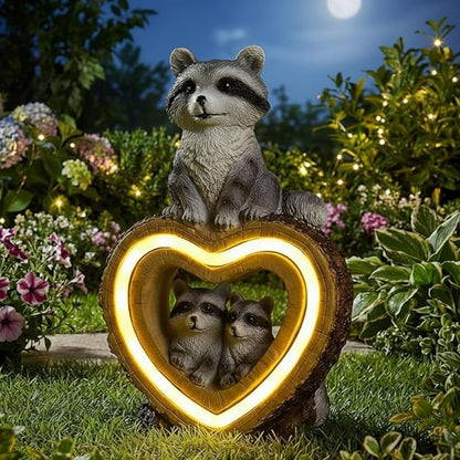 Thyle Solar Raccoon Family Garden Statue with Heart Light 9 Inch Raccoon Solar Lights Statue Outdoor Decor Windproof Waterproof for Outside Yard Garden Lawn Home Decor Mother Gifts for Women Mom