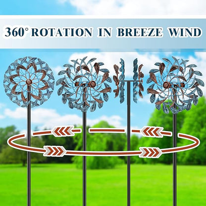 360° Wind Spinners Outdoor, Wind Sculptures Windmill with Metal Stake, 63.2" Kinetic Large Metal Yard Art Decor Spinners Pinwheels for Garden Outside Patio Lawn