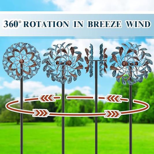 360° Wind Spinners Outdoor, Wind Sculptures Windmill with Metal Stake, 63.2" Kinetic Large Metal Yard Art Decor Spinners Pinwheels for Garden Outside Patio Lawn