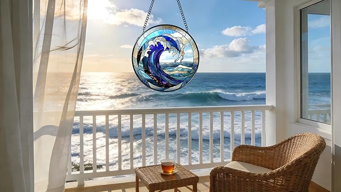 Stained Glass Window Hanging - Huge Waves and Turbulent Seas 6.3 Inches Suncatcher for Garden Home Decor for Women Mon Grandma Friends