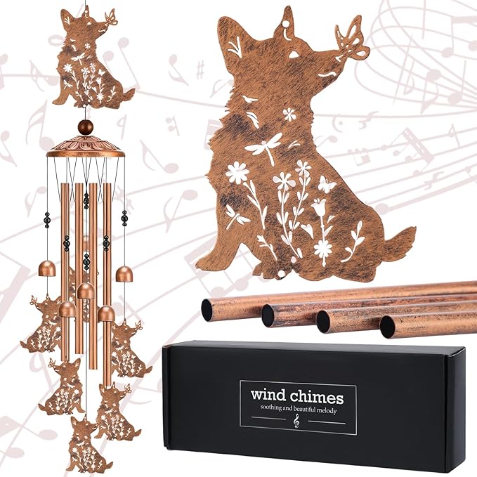 Corgi Gifts Wind Chimes - Dog Decor Outdoor Windchimes Garden Lawn Patio Yard Indoor Home Decorations Butterfly Flower Memorial Sympathy Christmas Birthday Gift for Women Men Mother Wife