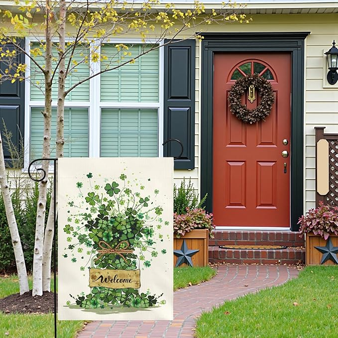 Spring Garden Flag 12x18 Inch Welcome Clover Design Double Sided Outdoor Yard Flags Seasonal Porch Patio Lawn Farmhouse House Banner Decorations for St Patricks Day and Everyday Home Décor