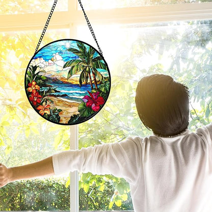 DASTOLL Stained Glass Window Hanging, Blue Beach Scenery Suncatcher Diamond Glass Panel Hangings Sun Catchers Decor for Birthday for Women, Men, Wife, Aunt, and Mom 9.8 in