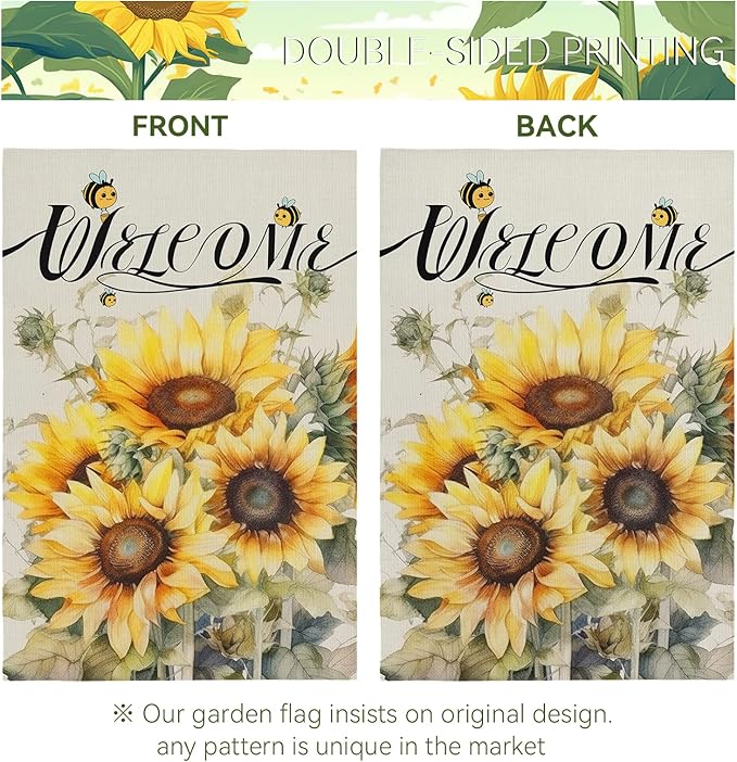 Summer Sunflower Garden Flag for Outside 12x18 Inch Double Sided Welcome Bee Vertical Seasonal Yard Flags Floral Holiday Party Yard Outdoor Decoration