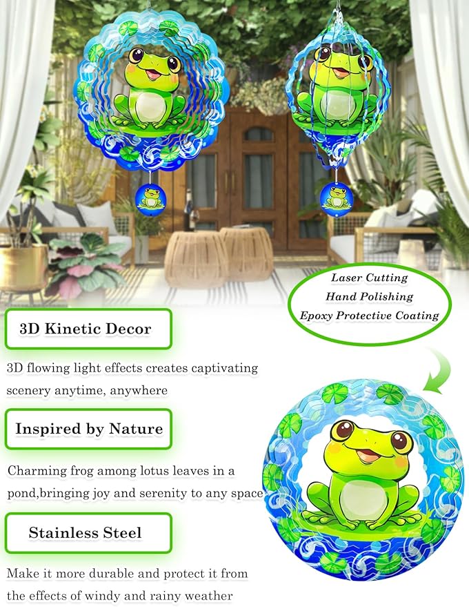Frog Wind Spinners Outdoor Garden Decor for Outside - 12 Inch 3D Stainless Steel Metal Wind Spinners - Frog Gardening Gifts for Women, Yard Decorations Outdoor Hanging Decor