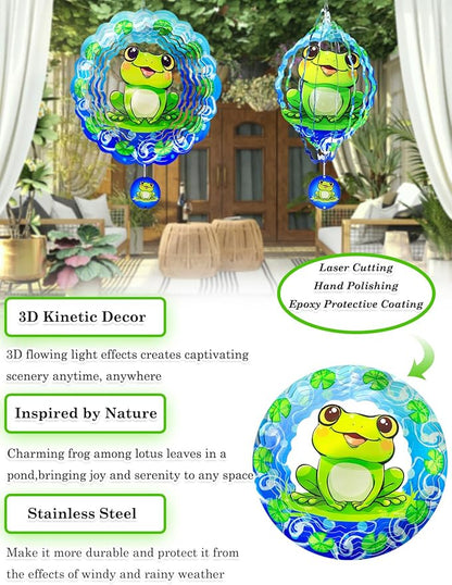 Frog Wind Spinners Outdoor Garden Decor for Outside - 12 Inch 3D Stainless Steel Metal Wind Spinners - Frog Gardening Gifts for Women, Yard Decorations Outdoor Hanging Decor