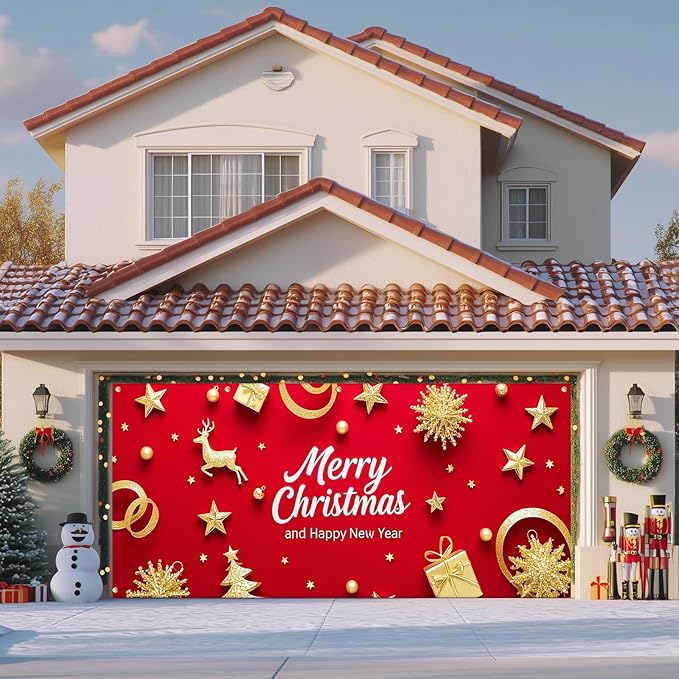 IVN Merry Christmas Happy New Year Garage Door Banner 13x6 ft Christmas Garage Door Wnter Scene Background Indoor Outdoor Red Gold Reindeer Tree Holiday Decorations for Home and Events Wall Backdrop Decor